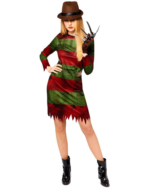 Front view of the adult Freddy Kruger dress featuring distressed red and olive green stripes worn by a model against a clean studio background.