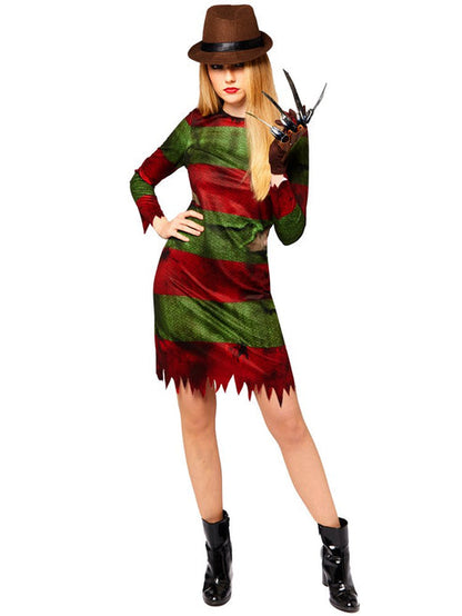 Front view of the adult Freddy Kruger dress featuring distressed red and olive green stripes worn by a model against a clean studio background.