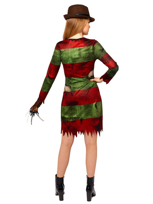 Front view of the adult Freddy Kruger dress featuring distressed red and olive green stripes worn by a model against a clean studio background.