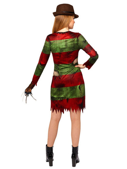 Front view of the adult Freddy Kruger dress featuring distressed red and olive green stripes worn by a model against a clean studio background.