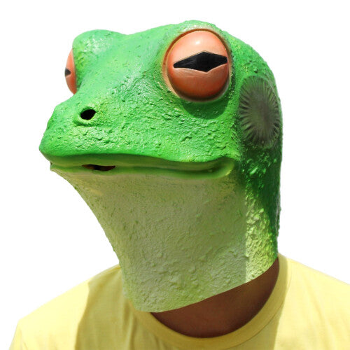 Full head green latex frog costume mask with molded eye and snout details displayed on a neutral background.
