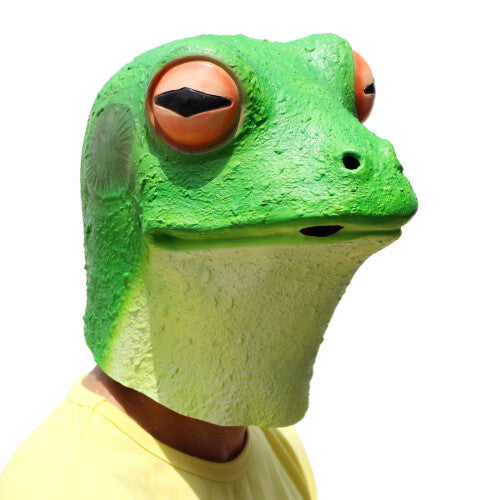 Full head green latex frog costume mask with molded eye and snout details displayed on a neutral background.