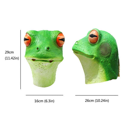 Full head green latex frog costume mask with molded eye and snout details displayed on a neutral background.