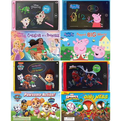 Front view of the Disney Princess LCD Interactive Board Book showing the colorful cover, open story page, and integrated rainbow LCD drawing screen with attached stylus.