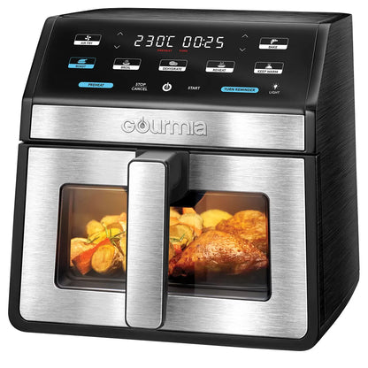 Gourmia 7.6L Digital Air Fryer with digital touchscreen, viewing window, interior light, and large cooking basket for healthy oil-free meals.