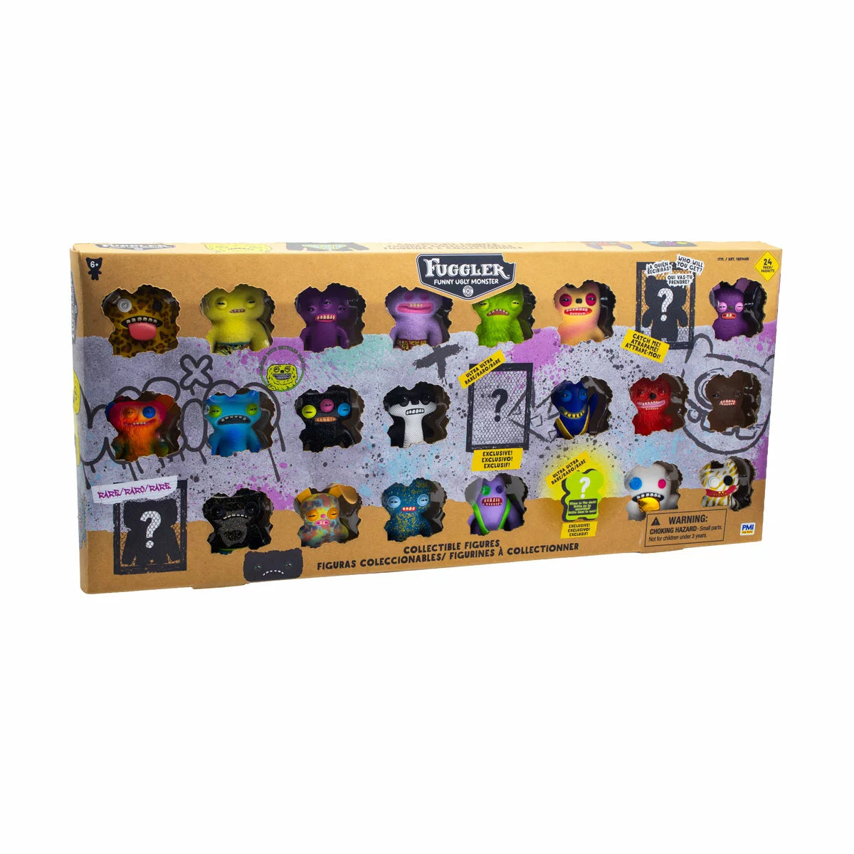 Front view of the Fuggler 24-pack deluxe display box showing 20 colorful mini monster figures with realistic teeth arranged inside clear packaging alongside 4 hidden mystery boxes.