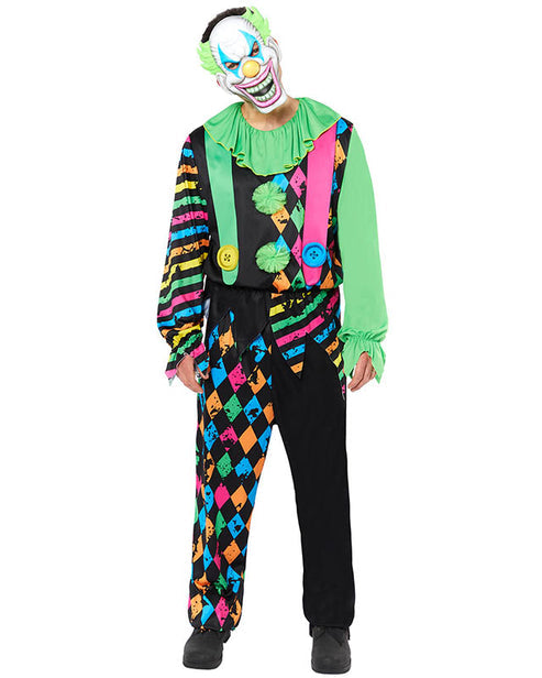 Adult wearing a vibrant red and yellow funhouse clown costume jumpsuit with a ruffled collar set against a studio backdrop.