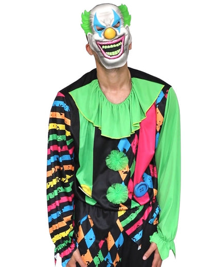 Adult wearing a vibrant red and yellow funhouse clown costume jumpsuit with a ruffled collar set against a studio backdrop.