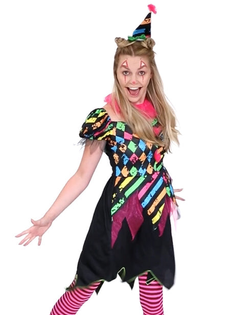 Full view of the Funhouse Clown Lady adult costume featuring high-contrast black, white, and red pattern trim worn against a neutral studio backdrop.