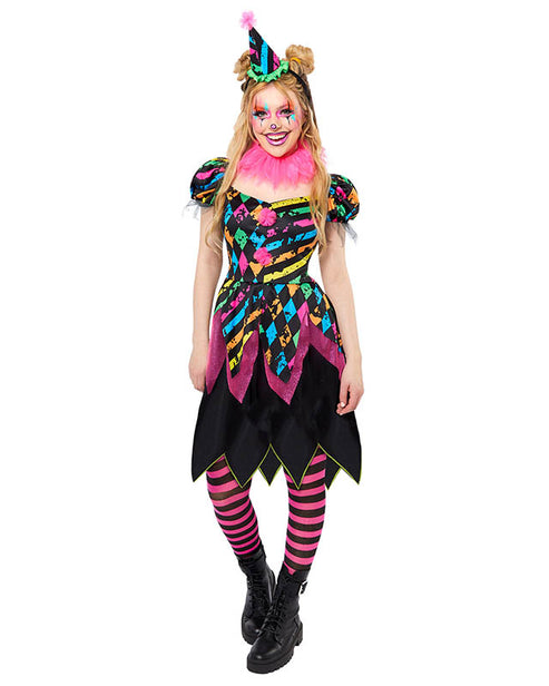 Full view of the Funhouse Clown Lady adult costume featuring high-contrast black, white, and red pattern trim worn against a neutral studio backdrop.