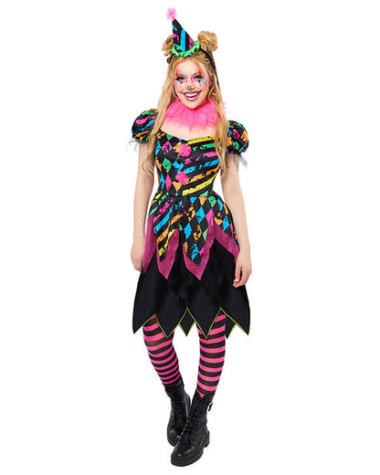 Full view of the Funhouse Clown Lady adult costume featuring high-contrast black, white, and red pattern trim worn against a neutral studio backdrop.