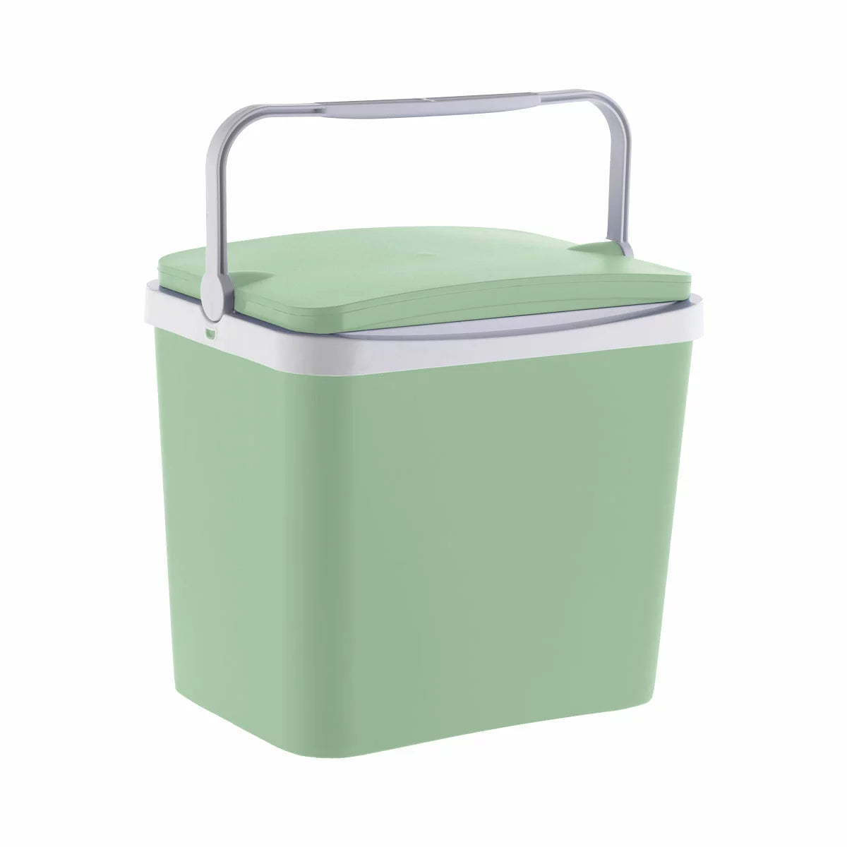 Side-angle studio shot of the blue Funtastic 24L Polypropylene Cooler Box showing the ergonomic carrying handle locked in the upright position against a clean white backdrop.