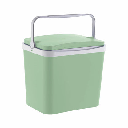 Side-angle studio shot of the blue Funtastic 24L Polypropylene Cooler Box showing the ergonomic carrying handle locked in the upright position against a clean white backdrop.