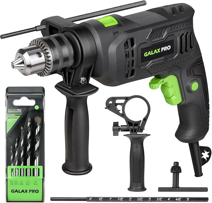 GALAX PRO 600W corded hammer drill with 13mm metal chuck for wood and metal drilling.