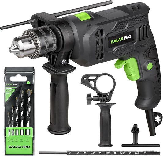 GALAX PRO 600W black and green hammer drill with side handle and depth rod mounted on a concrete background.