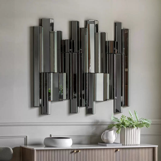 "Gallery Almada large contemporary wall mirror 110x121cm in modern minimalist bedroom reflecting natural light"
