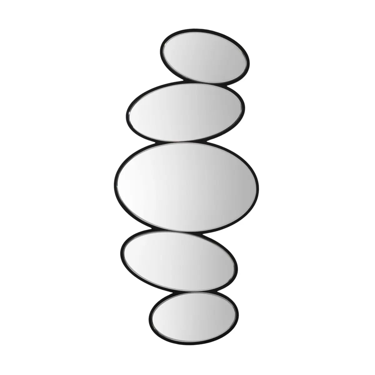 Front view of the Gallery Anderson Pebble Mirror featuring multi-segment bevelled pebble glass mounted vertically on a light grey living room wall with black wood framing.