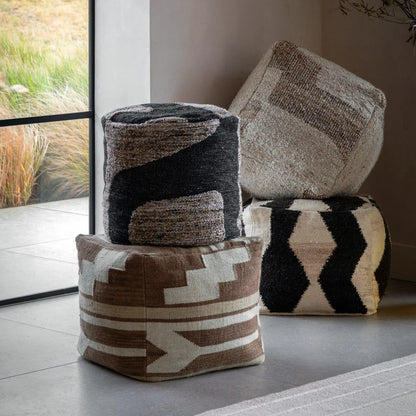 Gallery Bergen Mono Graphic Drum Pouffe with contemporary black and white pattern in a modern living room