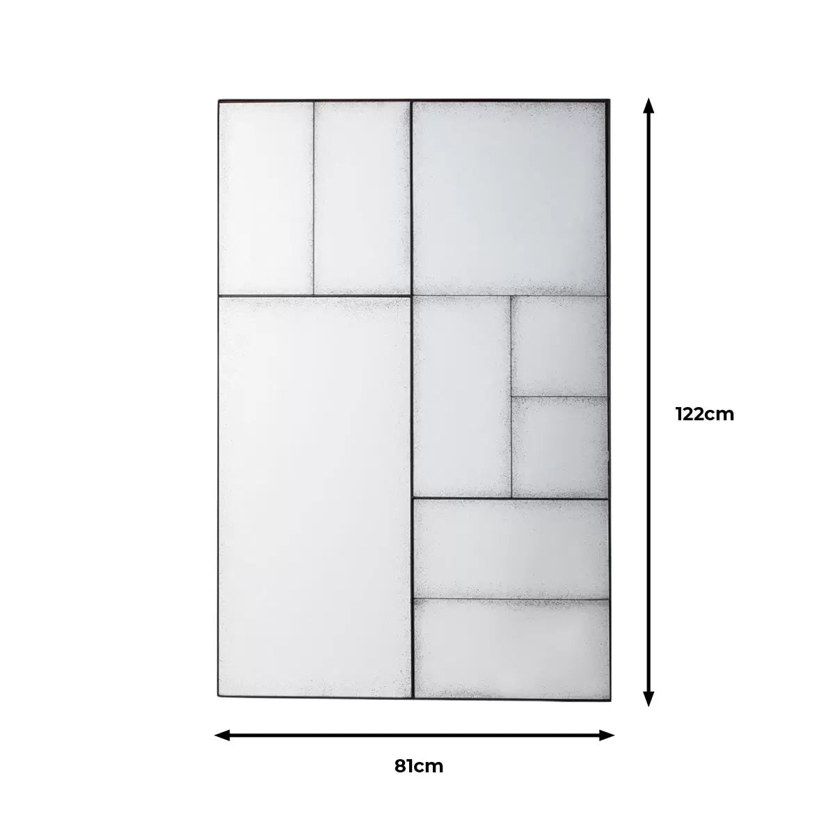 Front view of the Gallery Broadheath rectangular mirror featuring an antique distressed glass panel grid set in a black metal frame hung vertically on a neutral living room wall.