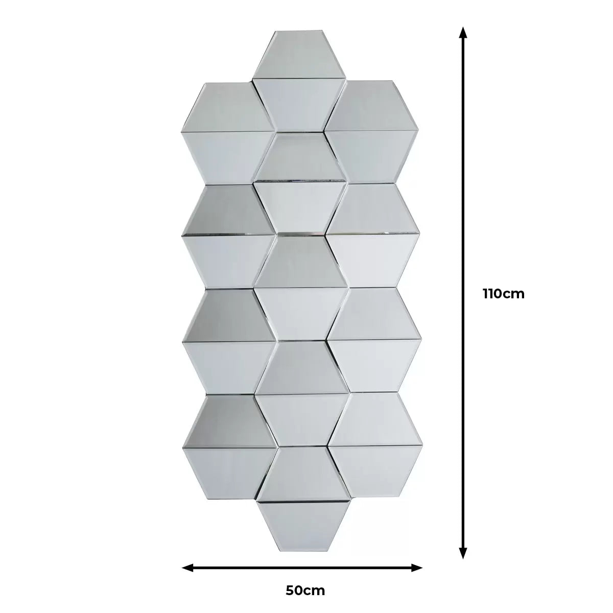 Front view of the 50x110cm Gallery Carina geometric wall mirror showing silver hexagonal honeycomb facets mounted on a neutral wall.