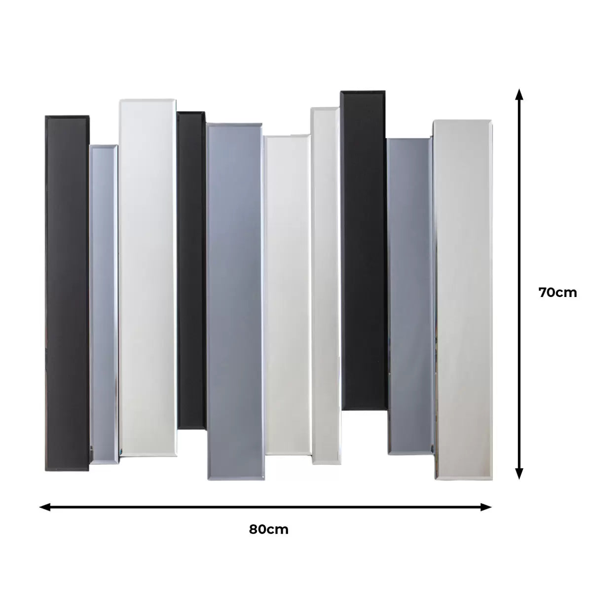Gallery Duval Art Deco grey smoked mirror with layered multi-tinted clear and black glass panels mounted vertically on a neutral hallway wall.
