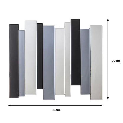 Gallery Duval Art Deco grey smoked mirror with layered multi-tinted clear and black glass panels mounted vertically on a neutral hallway wall.