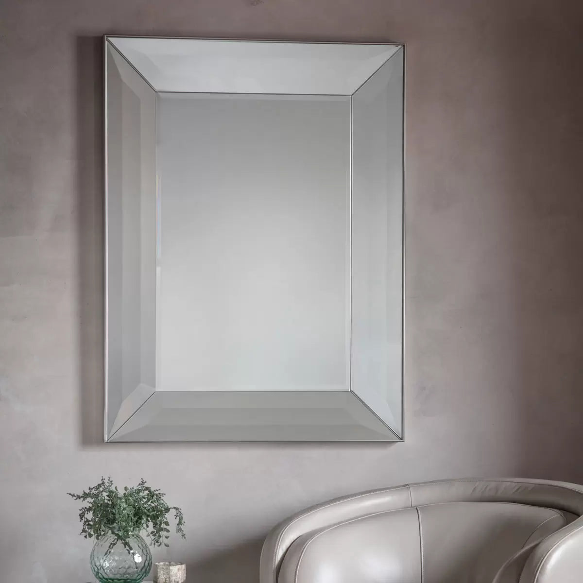 Gallery Ferrara rectangular mirror measuring 91 by 122 cm with a wide bevelled mirror frame and silver edge mounted horizontally above a neutral hallway console table.