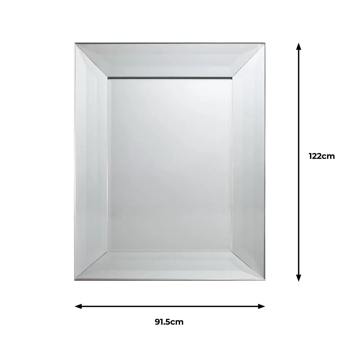 Gallery Ferrara rectangular mirror measuring 91 by 122 cm with a wide bevelled mirror frame and silver edge mounted horizontally above a neutral hallway console table.