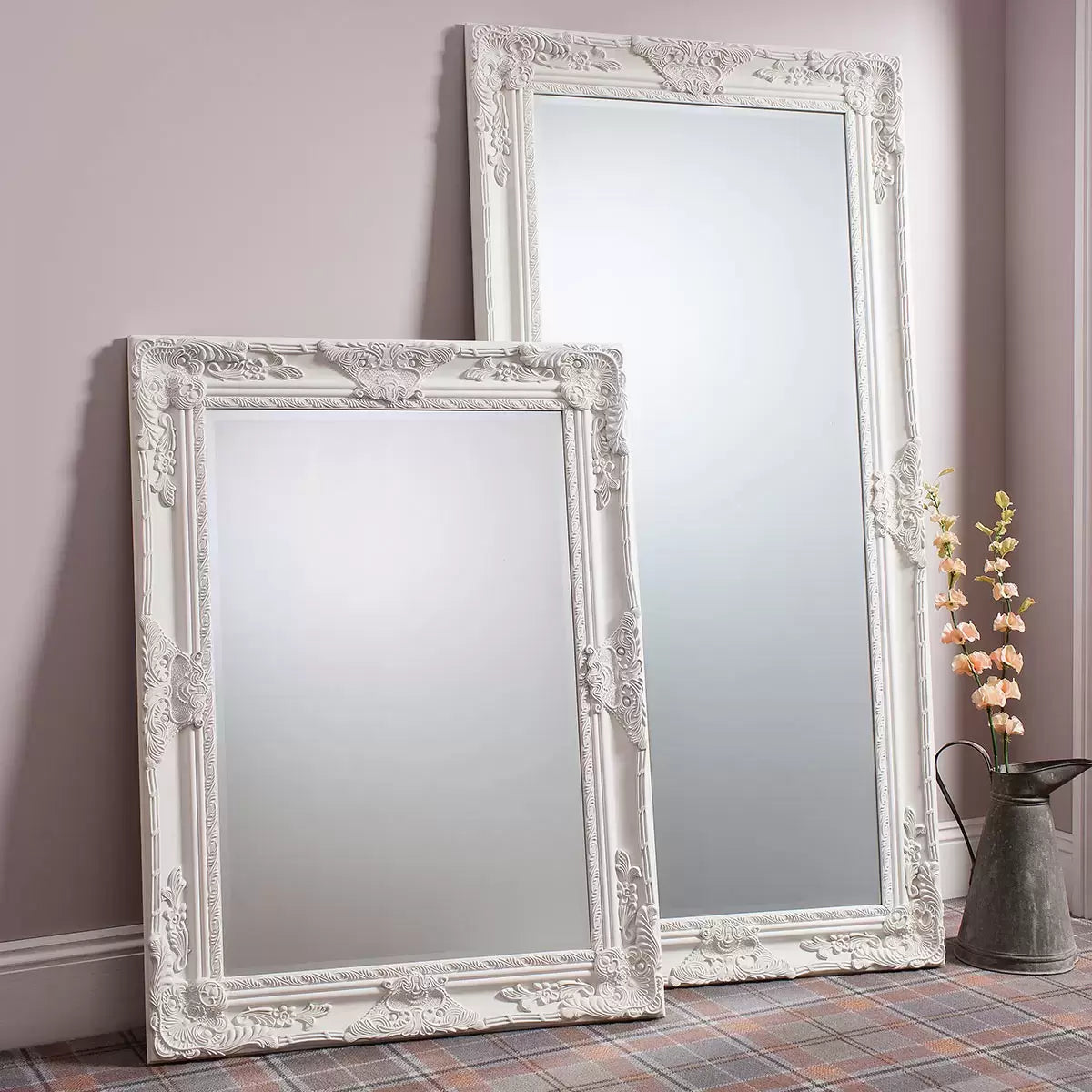 Gallery Hampshire antique matt cream wooden leaner mirror in baroque design leaning against a light living room wall