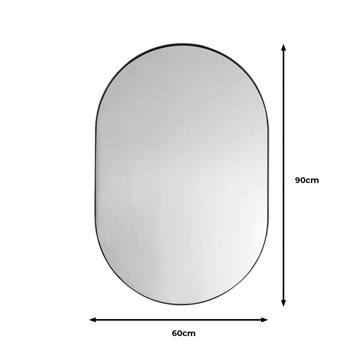 Front view of the Gallery Hurston Elipse Black Mirror showing its smooth curved iron frame and 60x90cm oval silhouette mounted on a minimalist wall.