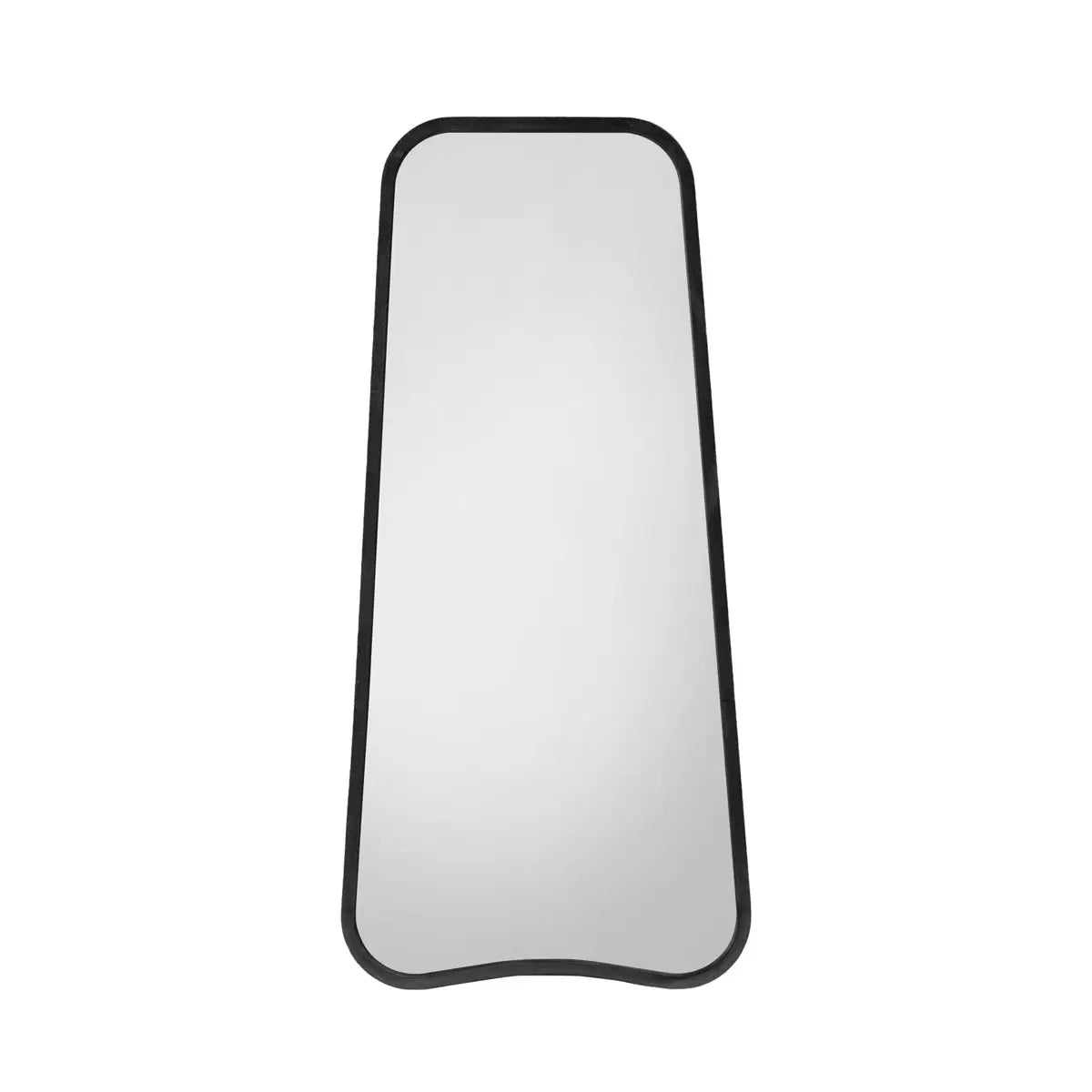 Front view of the Gallery Kurva Black Leaner Mirror measuring 56.5 by 123cm with rounded corners and a matte black metal frame leaning against a neutral living room wall.