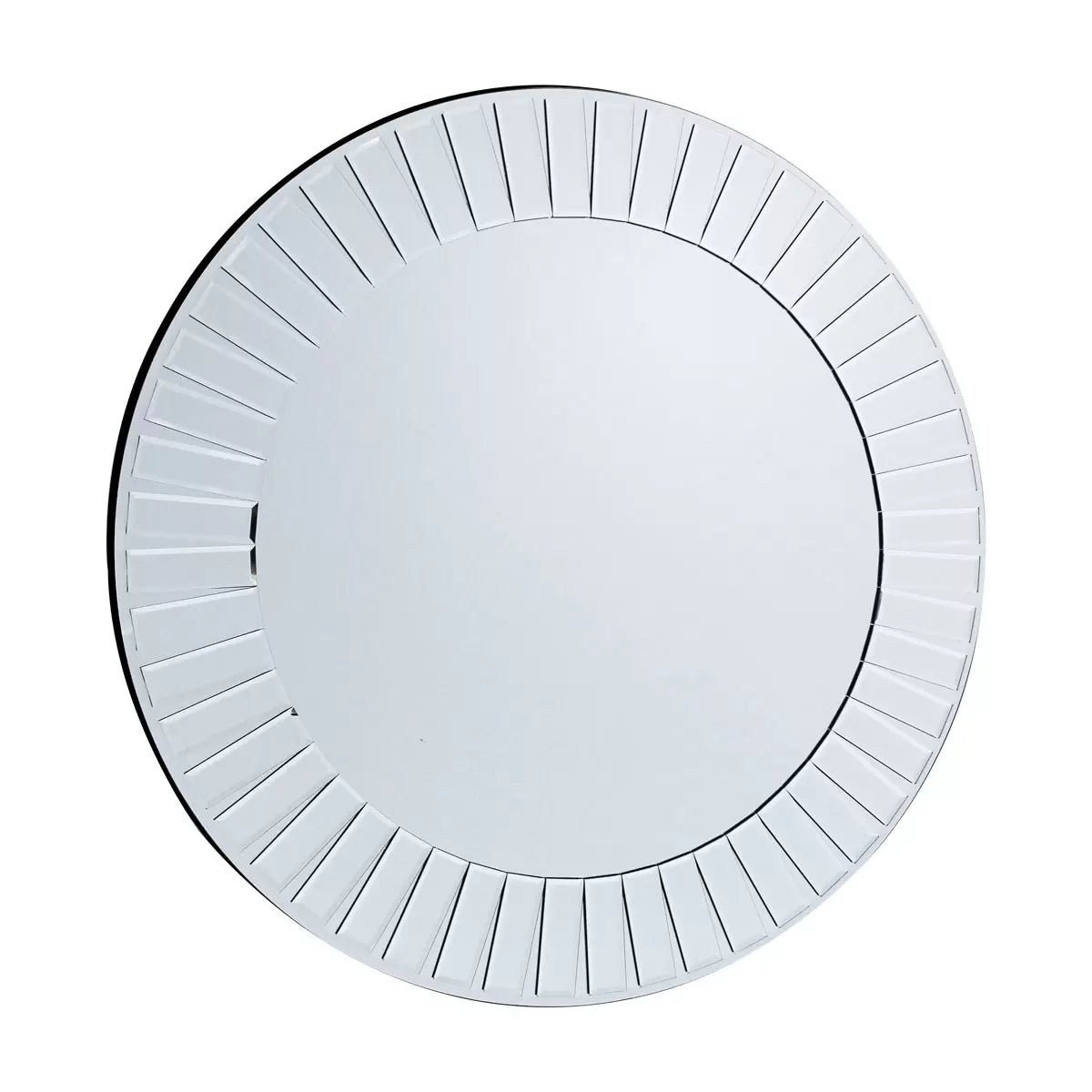 Gallery Mondello 90cm round wall mirror featuring an intricate mosaic border of bevelled glass pieces mounted on a modern living room wall.