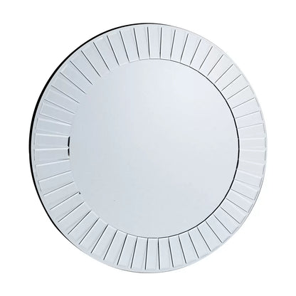 Gallery Mondello 90cm round wall mirror featuring an intricate mosaic border of bevelled glass pieces mounted on a modern living room wall.