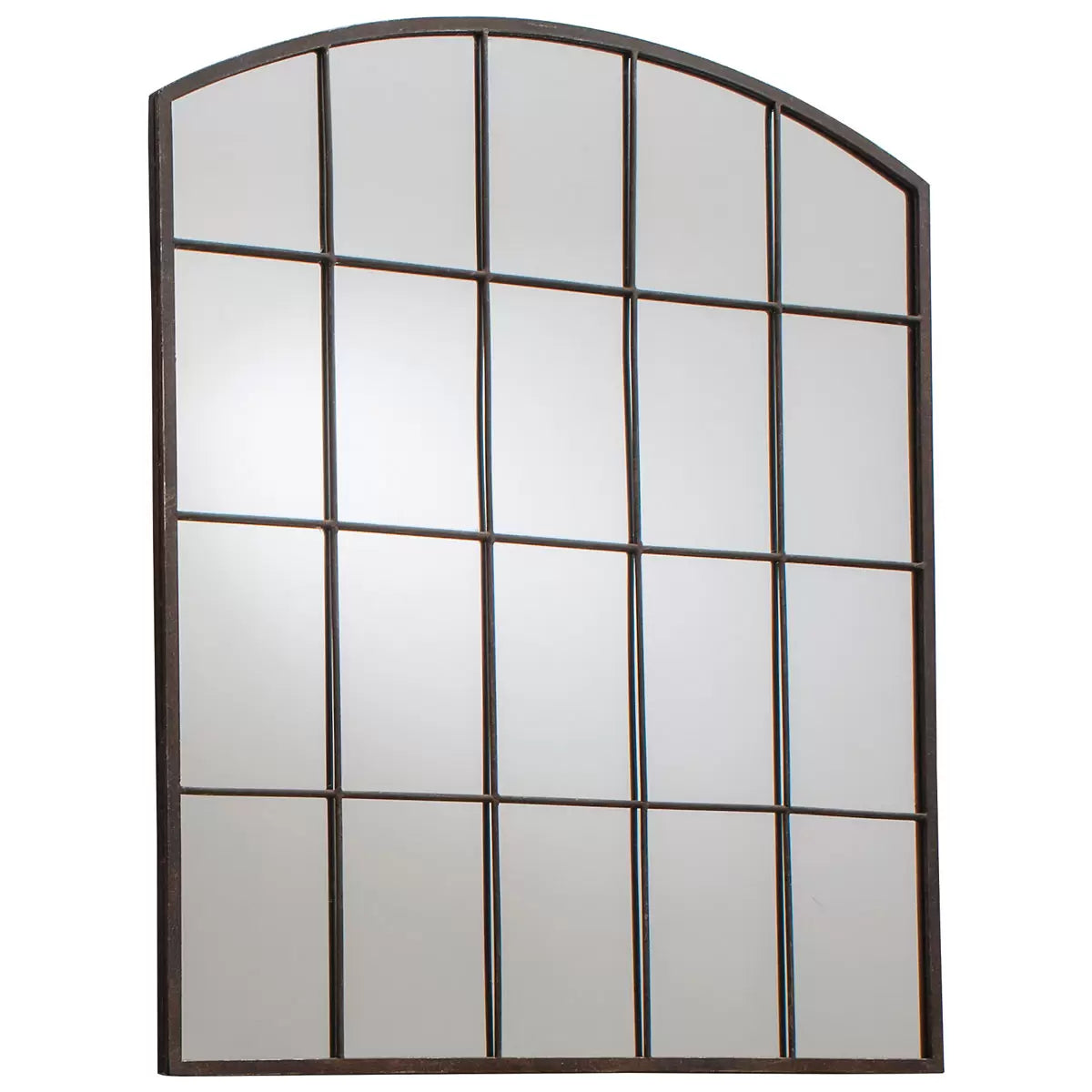 Front view of the Gallery Rockford Window Mirror with a curved iron arch frame and natural raw metal finish mounted on a neutral living room wall.
