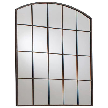 Front view of the Gallery Rockford Window Mirror with a curved iron arch frame and natural raw metal finish mounted on a neutral living room wall.