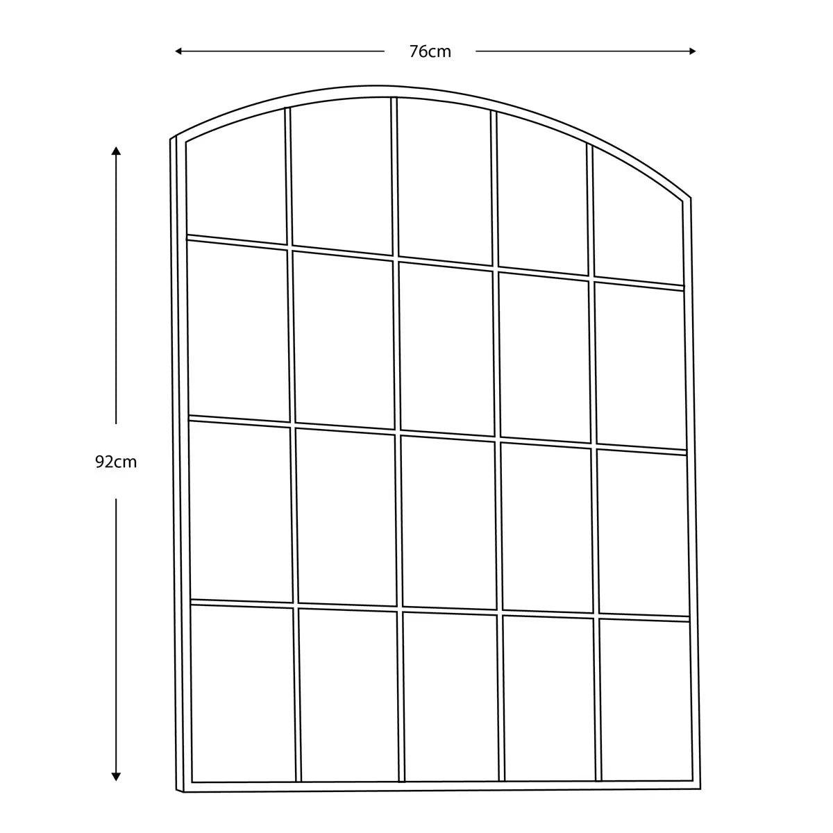 Front view of the Gallery Rockford Window Mirror with a curved iron arch frame and natural raw metal finish mounted on a neutral living room wall.