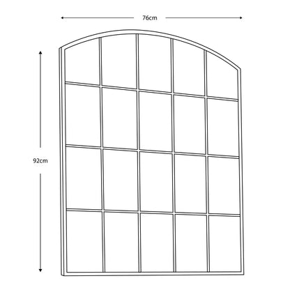 Front view of the Gallery Rockford Window Mirror with a curved iron arch frame and natural raw metal finish mounted on a neutral living room wall.