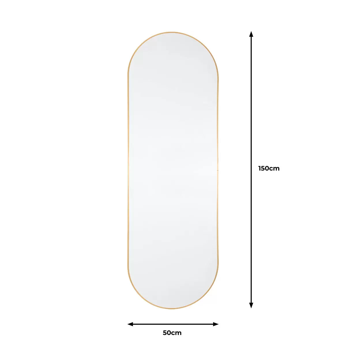 Full-length Gallery Yardley Gold Leaner Mirror with a rounded gold iron frame standing vertically in a bright modern living space reflecting natural sunlight.