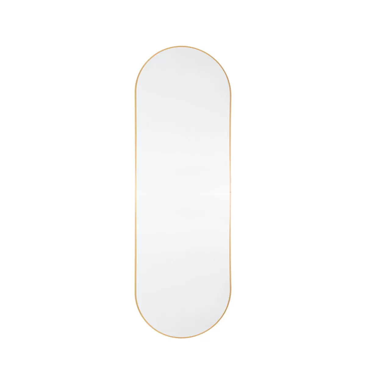 Full-length Gallery Yardley Gold Leaner Mirror with a rounded gold iron frame standing vertically in a bright modern living space reflecting natural sunlight.
