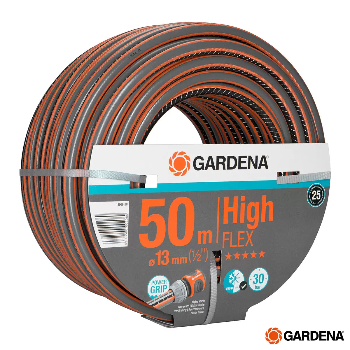 A coil of orange and grey Gardena 50m Comfort HighFlex 13mm garden hose with Power Grip profile.