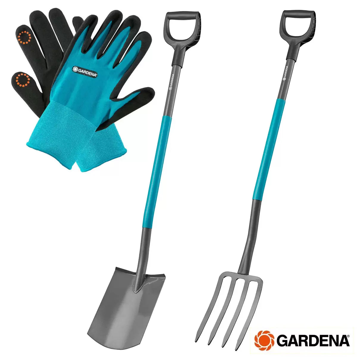 A set of Gardena ClassicLine digging spade and fork standing in a neat garden bed, accompanied by a pair of gardening gloves on a wooden potting bench.
