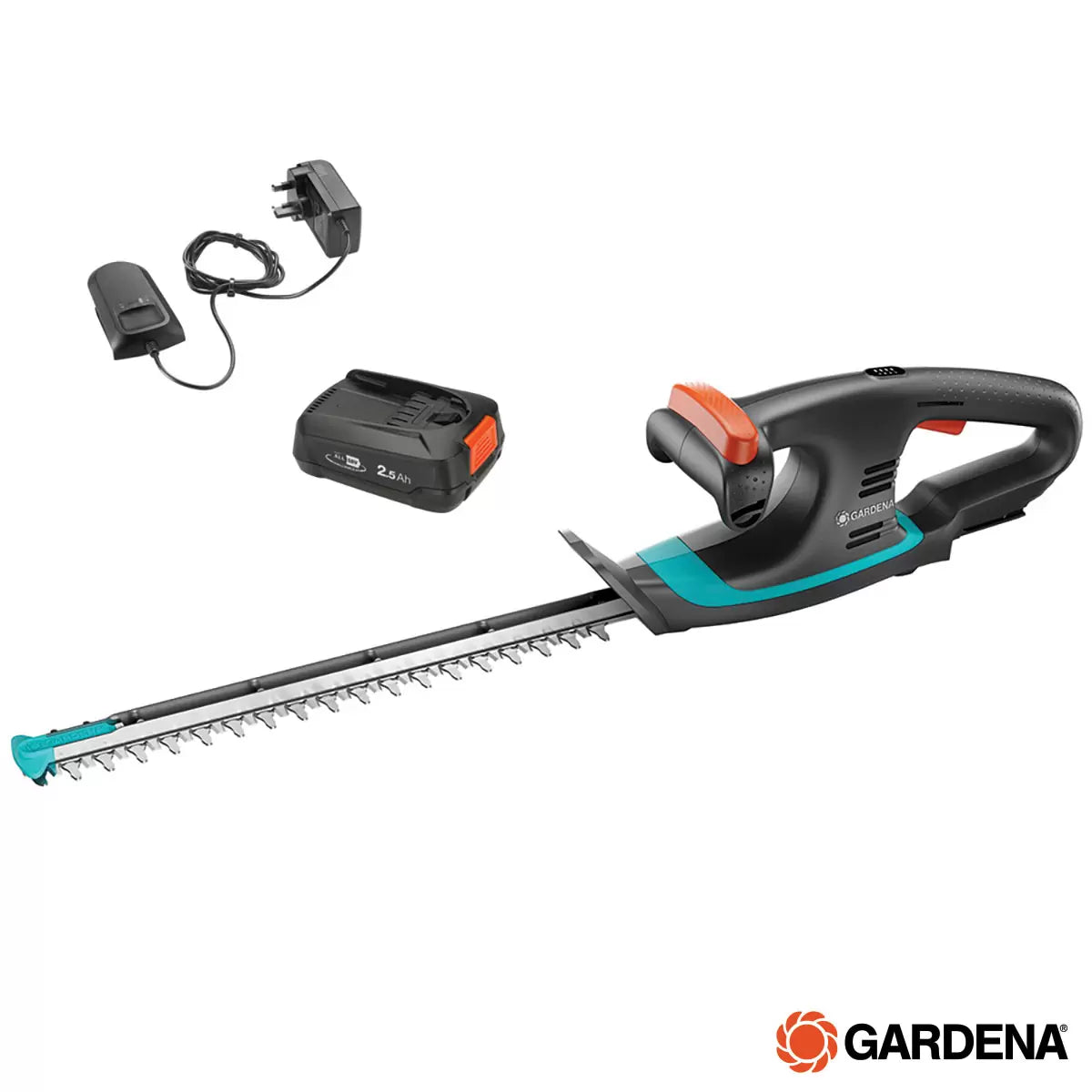 Gardena EasyCut 18V cordless hedge trimmer being used by a gardener to trim a small ornamental garden shrub.