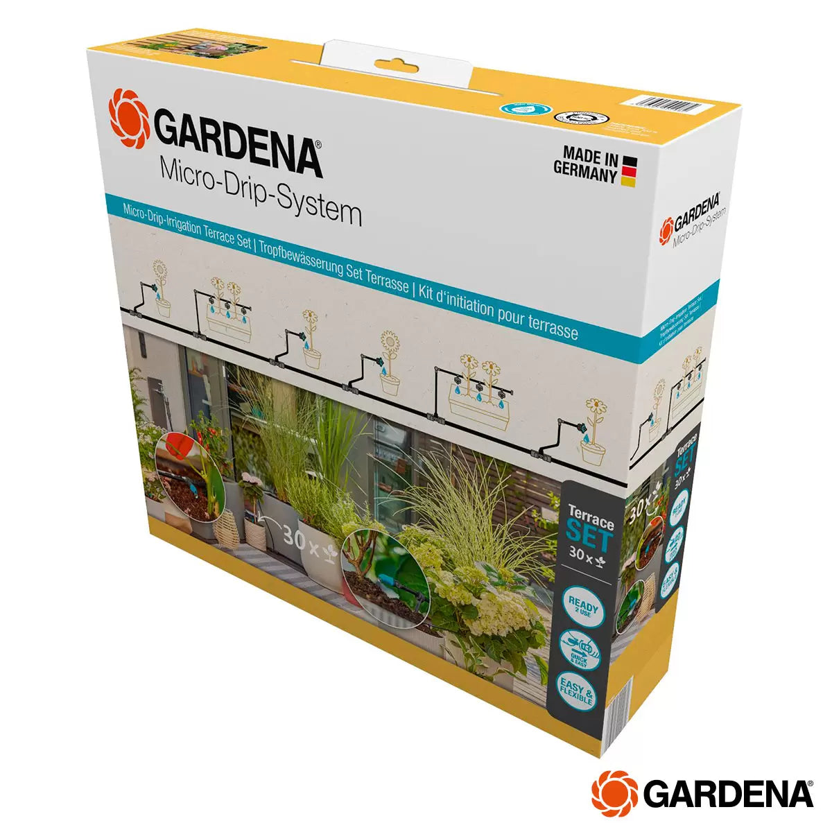 Gardena Micro-Drip Terrace Kit components including supply pipes and drippers installed in several outdoor terracotta pots on a patio.