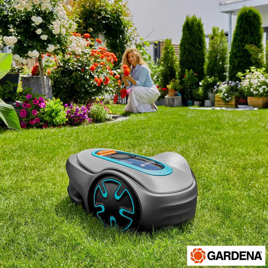 Gardena Sileno Minimo smart robotic lawn mower with charging station maintaining a small residential garden up to 250 square metres