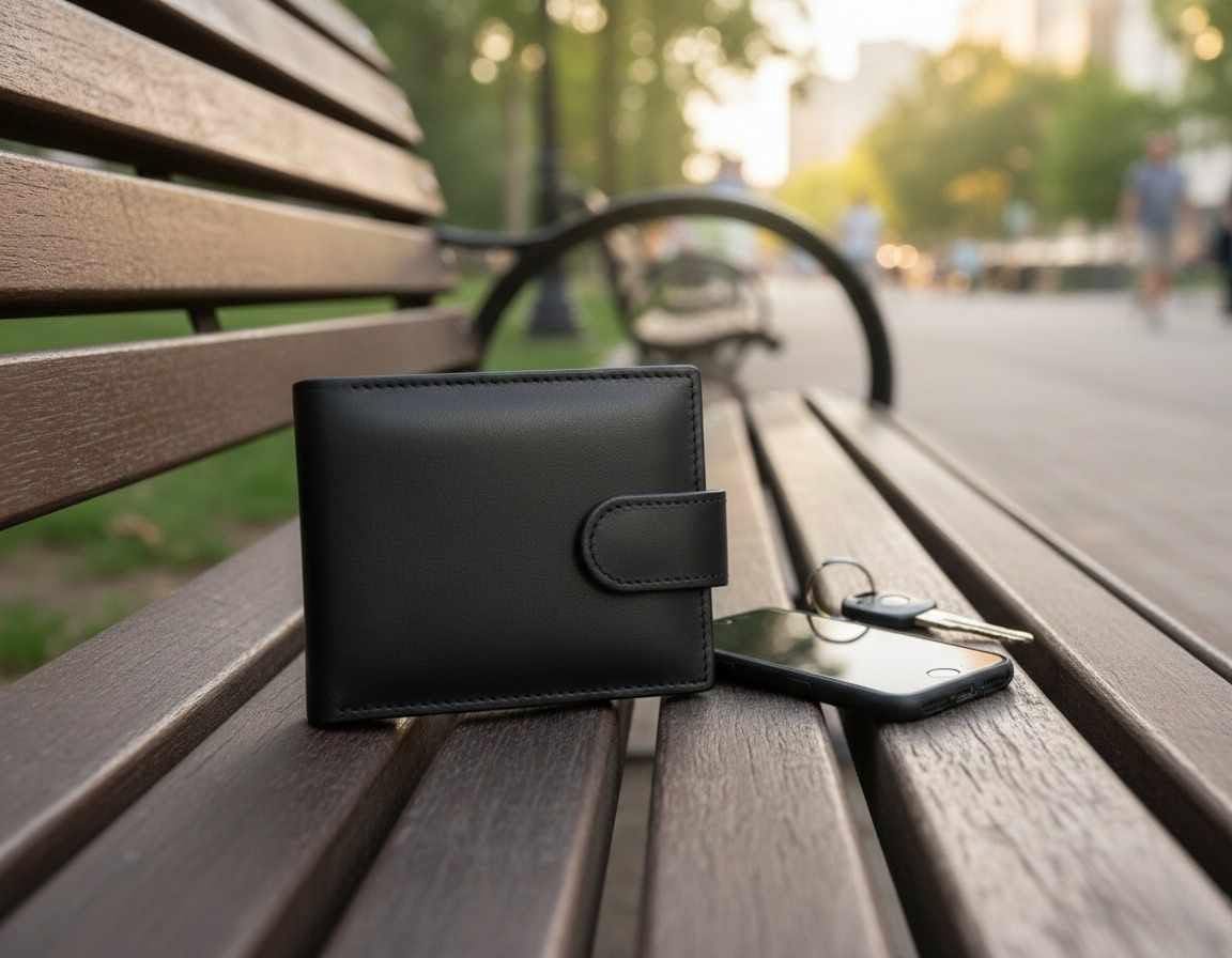 Front view of a genuine black leather men's wallet lying flat on a dark oak surface showing textured grain and neat perimeter stitching.