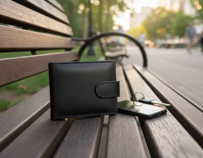 Front view of a genuine black leather men's wallet lying flat on a dark oak surface showing textured grain and neat perimeter stitching.