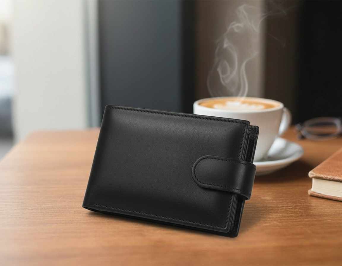 Front view of a genuine black leather men's wallet lying flat on a dark oak surface showing textured grain and neat perimeter stitching.