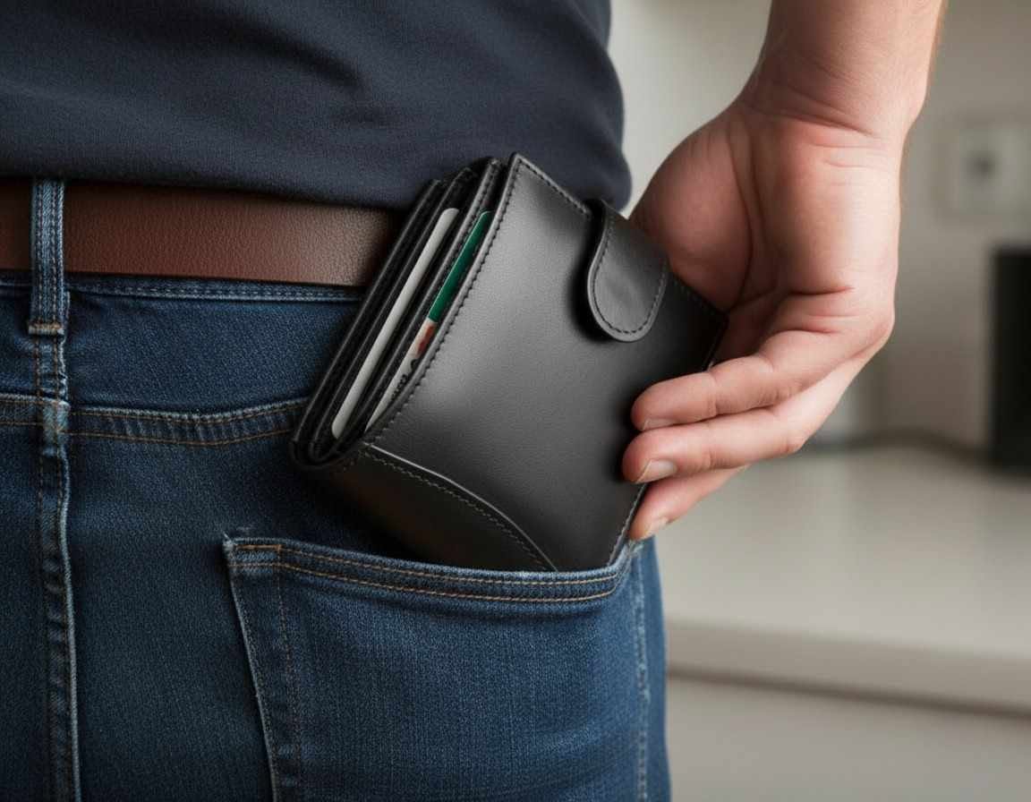 Front view of a genuine black leather men's wallet lying flat on a dark oak surface showing textured grain and neat perimeter stitching.