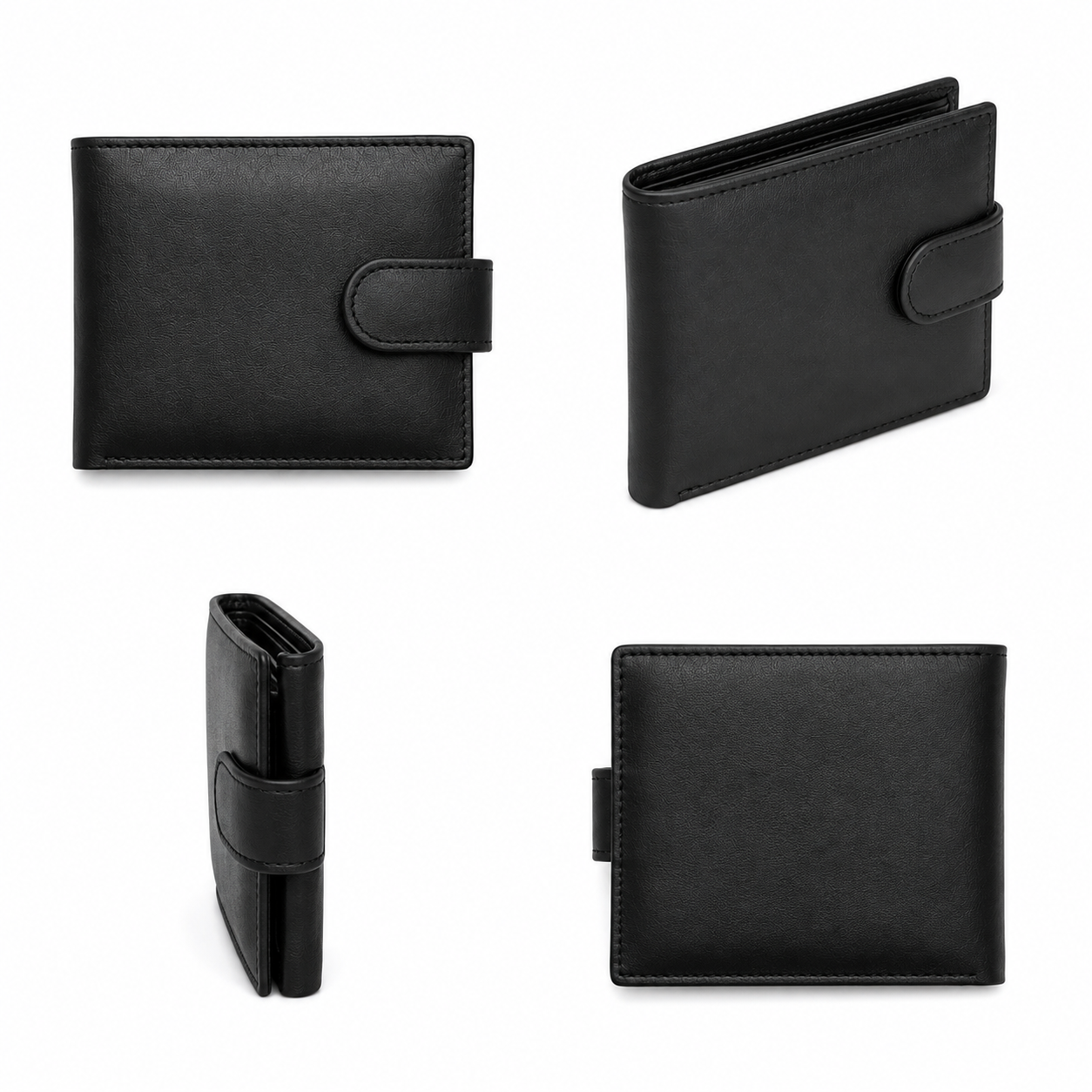 Front view of a genuine black leather men's wallet lying flat on a dark oak surface showing textured grain and neat perimeter stitching.
