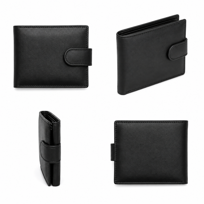 Front view of a genuine black leather men's wallet lying flat on a dark oak surface showing textured grain and neat perimeter stitching.